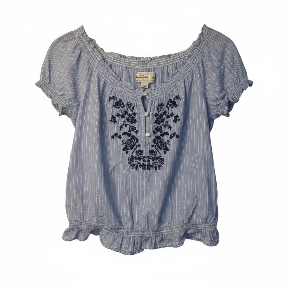 VTG‎ Abercrombie Girls Large Blue Striped Embroider Peasant Blouse Y2K BOHO Chic